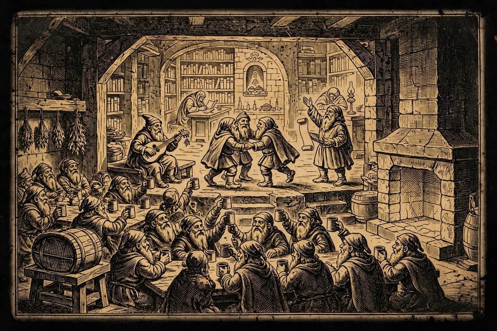 Gold engraving of an underground tavern where dwarves drink, dance and recite poetry, with a quiet library of scholars visible through an archway behind.