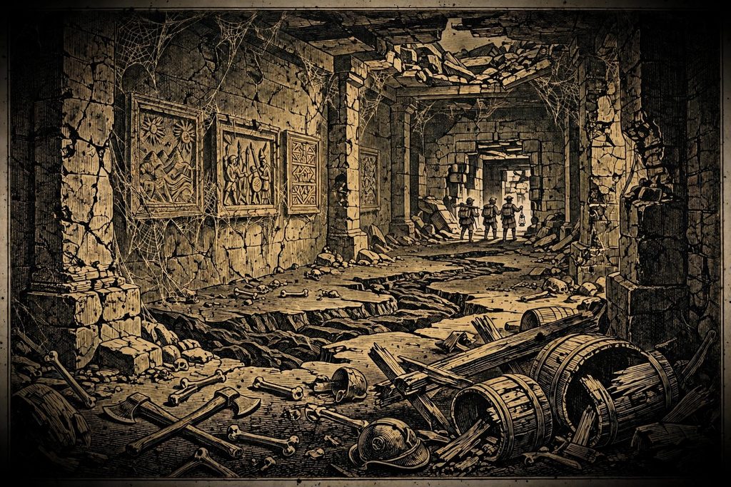 Gold engraving of a ruined fortress hall full of bones, broken tables and dusty carvings, as three explorers with a lantern step inside through a collapsed doorway.