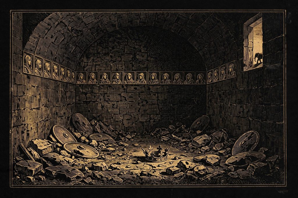 Gold engraving of a small hooded child sitting alone among bones in a smoke-blackened chamber, beneath a row of fourteen carved portraits, with an elephant passing outside the window.