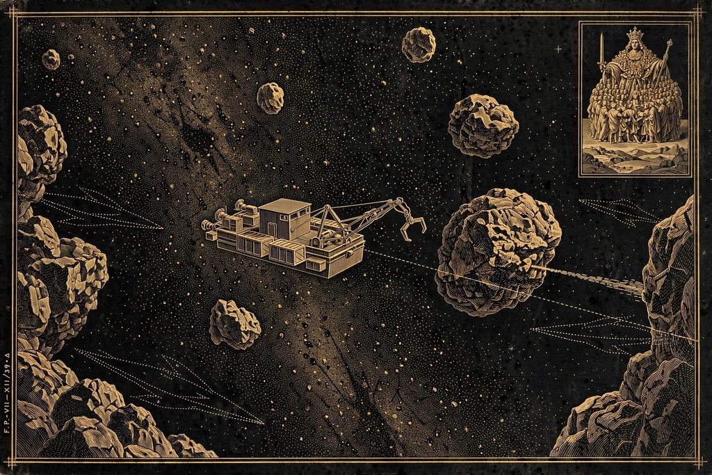 Engraved asteroid field where a lone mining ship works as three warships approach, with an inset of a crowned giant made of people.