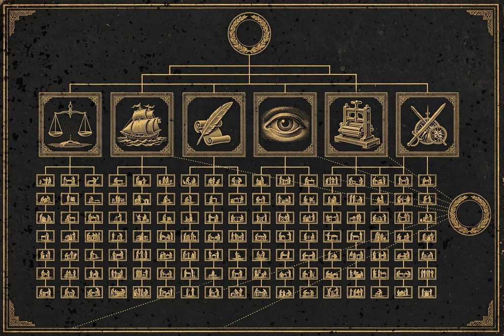 Engraved organisational chart of an alliance with treasury, logistics, diplomacy, intelligence, propaganda and fleet, crossed by hidden lines of spies.