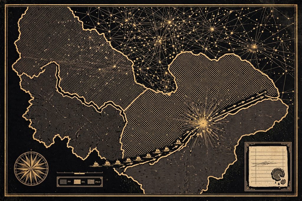 Engraved political atlas of a galaxy divided into territories with an invasion along one frontier and a ledger inset.