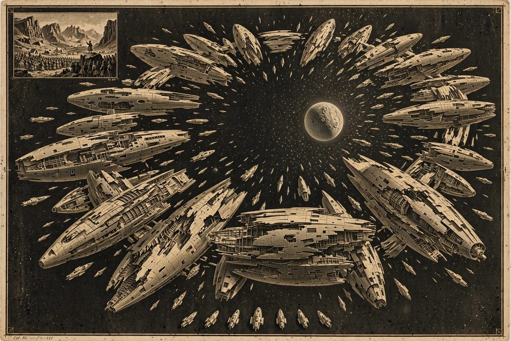 Engraved ring of colossal starship wrecks orbiting a planet as a memorial, with an inset of an ancient open-air assembly in Iceland.