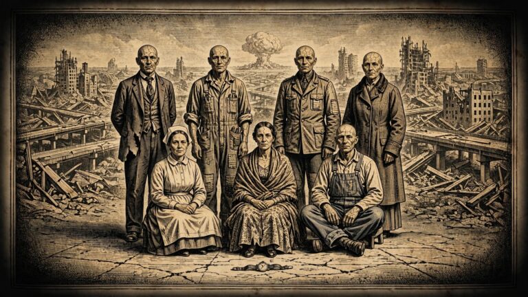 Gold engraving of seven weathered, ageless survivors in worn mid-century clothing posing for a formal group portrait before a ruined city, with no children among them.