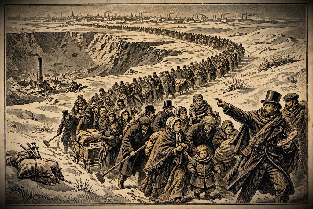 Gold engraving of a column of Victorian refugees hauling sledges north through deep snow, a dying city behind them and the rim of a great crater ahead.