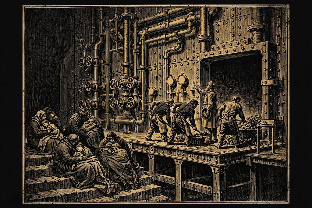 Gold engraving of stokers shovelling coal into the mouth of a giant iron furnace while families huddle on the steps below for warmth.