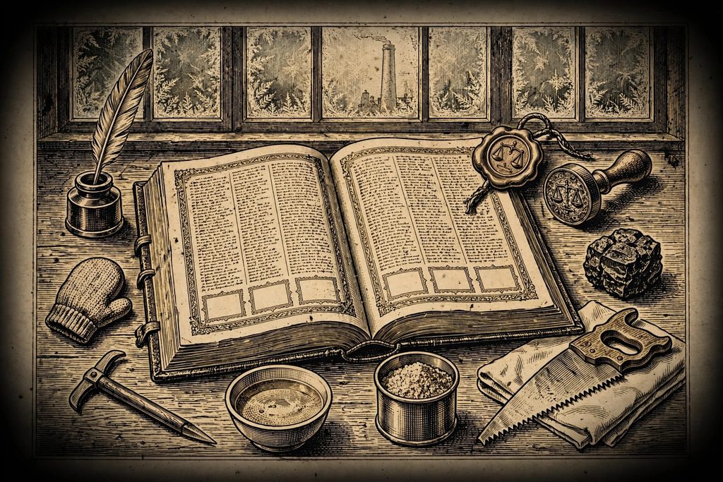 Gold engraving of an open book of laws on a wooden desk, surrounded by a child's mitten, a pick, thin soup, sawdust, a bone saw and a lump of coal.