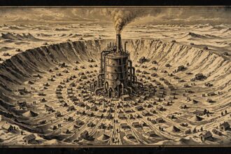Gold engraving of a small snowbound city built in rings around a giant iron furnace at the center of a frozen crater, with figures hauling sledges along paths that radiate outward.