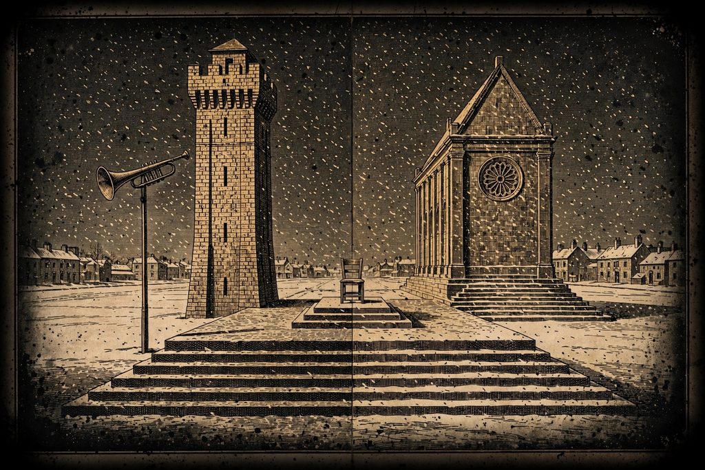 Gold engraving of a snowy square split between ranks of uniformed guards before a watchtower and a kneeling crowd before a temple, with an empty chair on a platform between them.