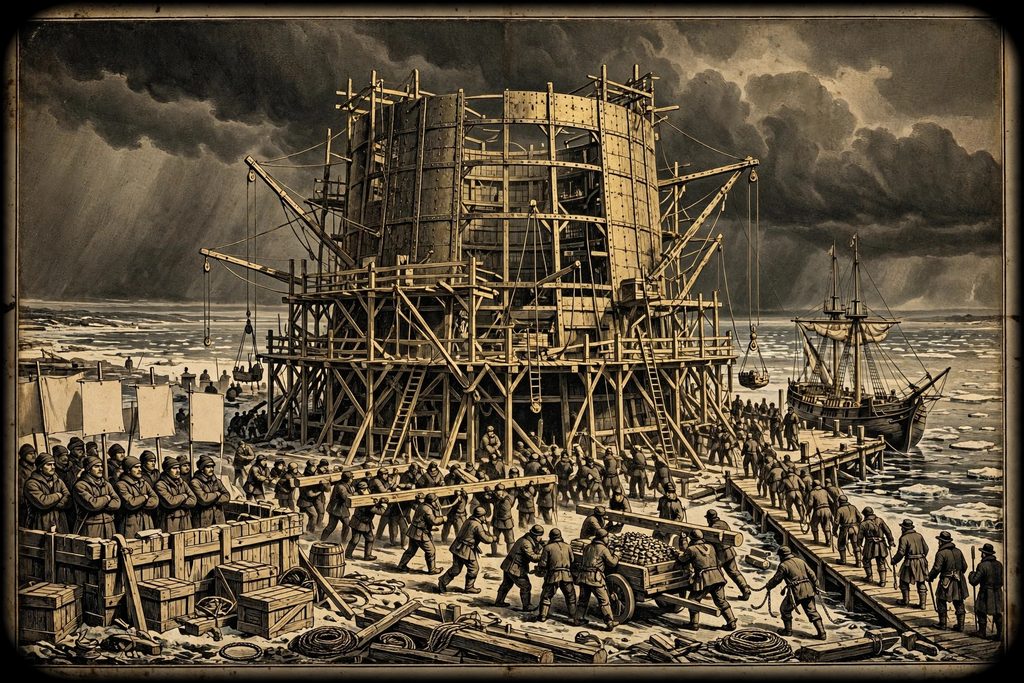 Gold engraving of a half-built giant furnace wrapped in scaffolding on a frozen coast, with strikers behind a barricade, convicts leaving a ship and a storm approaching.