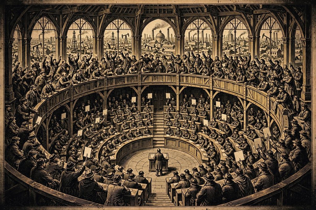 Gold engraving of a circular council chamber packed with arguing delegates around a lone figure at a lectern, with an industrial city and oil derricks visible through tall windows.