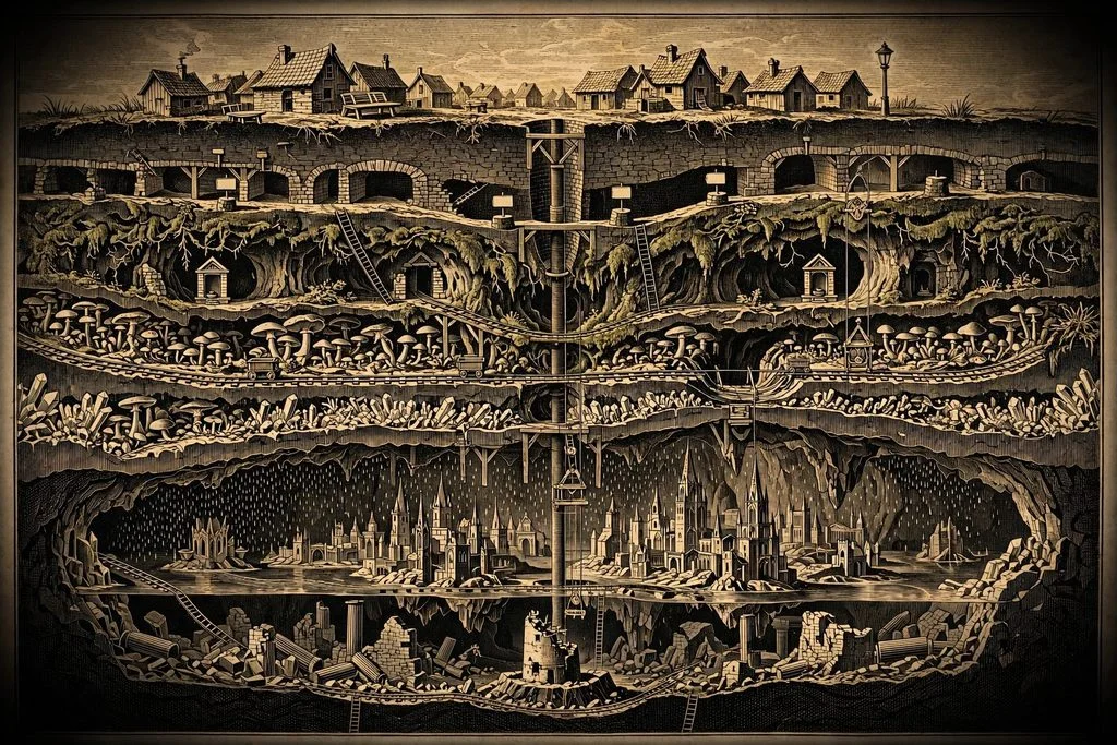 Gold engraving of a cross-section of the earth showing a tiny village on the surface and, below it, layered tunnels, mines, a rain-filled city and an ancient abyss.