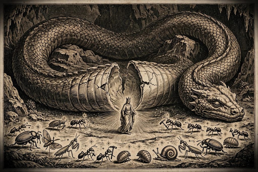 Gold engraving of a small crowned figure emerging from the shell of a colossal dead wyrm while insects of many kinds bow before it.