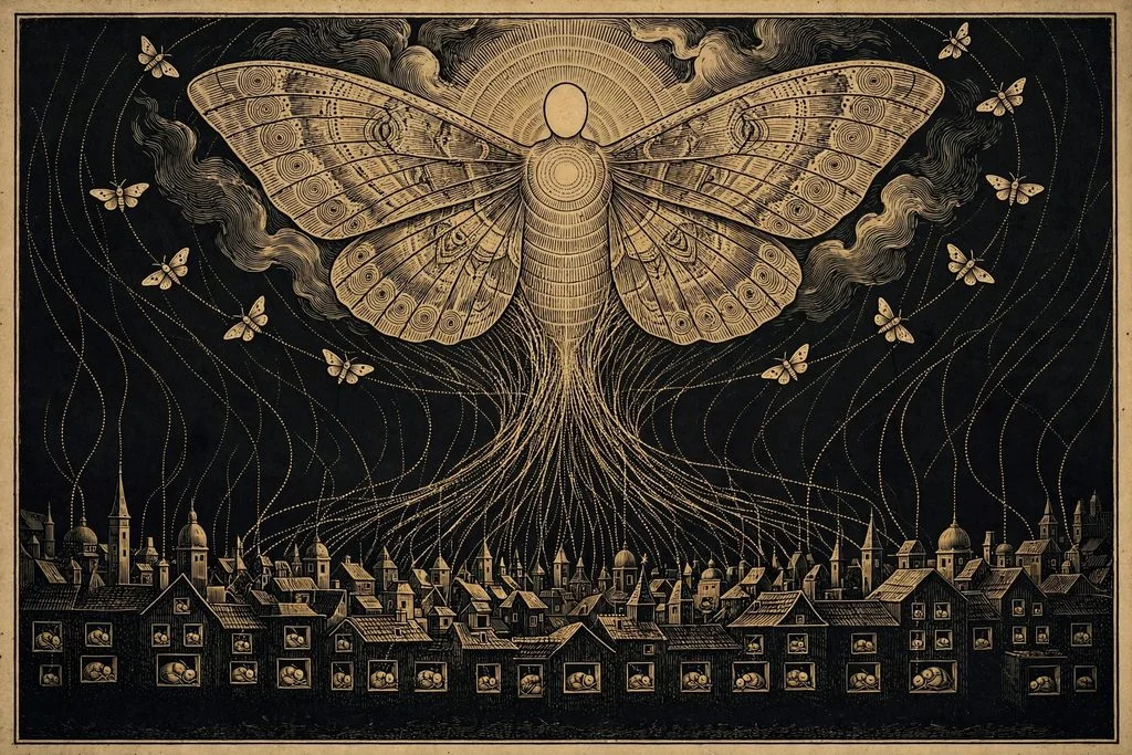 Gold engraving of thin dream ribbons rising from sleeping insects in a dark city toward a vast moth-winged goddess hovering in the clouds above.