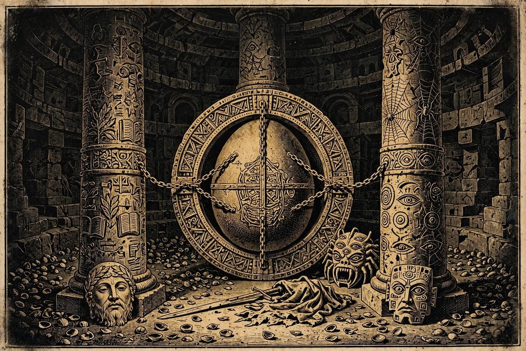 Gold engraving of a huge egg-shaped black door chained to three pillars, each with a carved mask before it, in a dark temple floor strewn with empty shells.