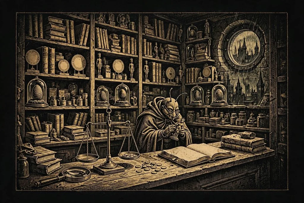 Gold engraving of a cramped relic shop with shelves of journals, seals, crowned statuettes and dark spiral eggs, and an old beetle scholar studying a relic behind the counter.