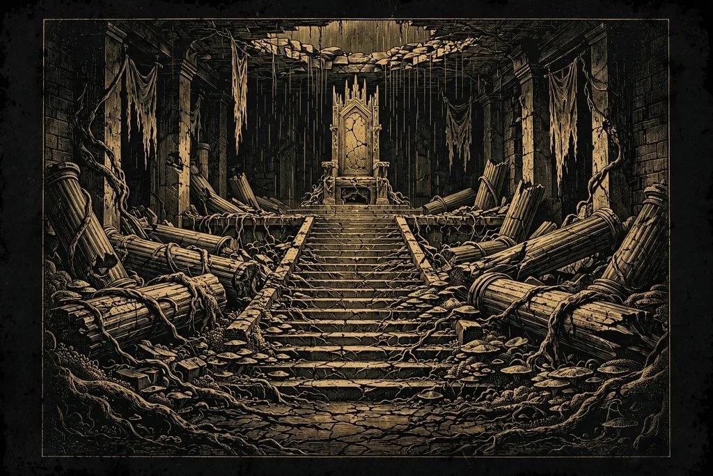 Gold engraving of an empty pale throne in a ruined hall with a toppled crowned statue at the foot of the steps and a small cloaked figure walking away in the distance.