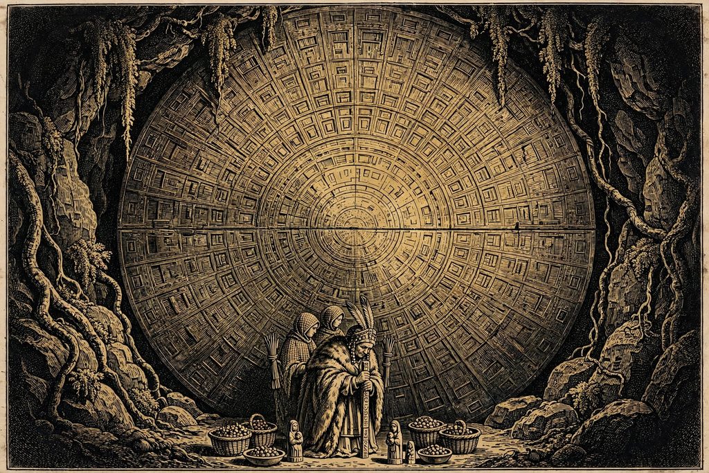Gold engraving of an elderly priestess with a staff listening before a colossal circular metal door in a cave, with offerings of baskets and carved mother figures at its foot.