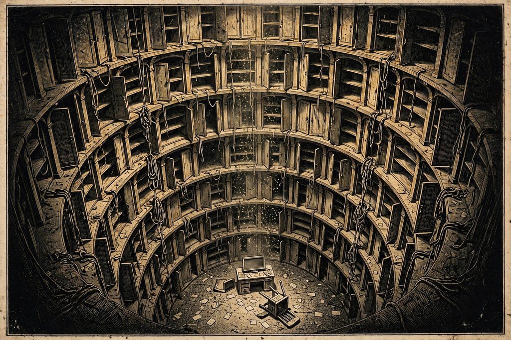 Gold engraving of a vast circular underground archive with empty open cabinets and cut cables, looking down to a single abandoned terminal with a blank screen.