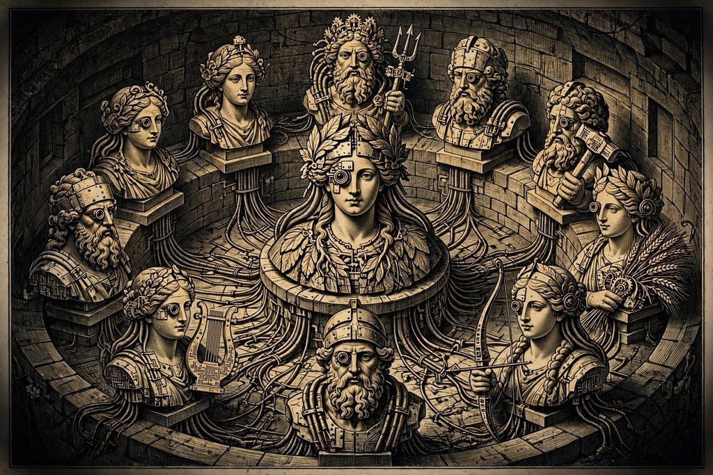 Gold engraving of nine classical Greek god busts in a circular chamber, each fused with cables, lenses and metal plates, around a larger earth goddess at the center.