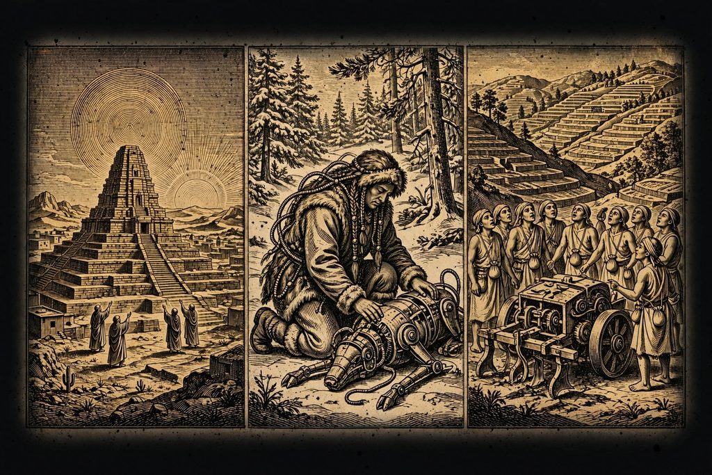 Gold engraving triptych of a desert sun temple with worshippers, a northern shaman thanking a fallen mechanical animal, and villagers singing around a great plowing machine in terraced fields.