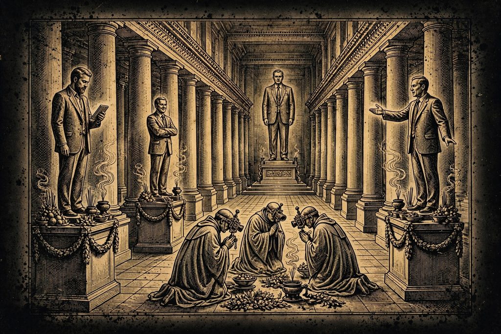 Gold engraving of a colonnaded temple where robed priests kneel before marble statues of men in modern business suits, with incense and offerings at their feet.