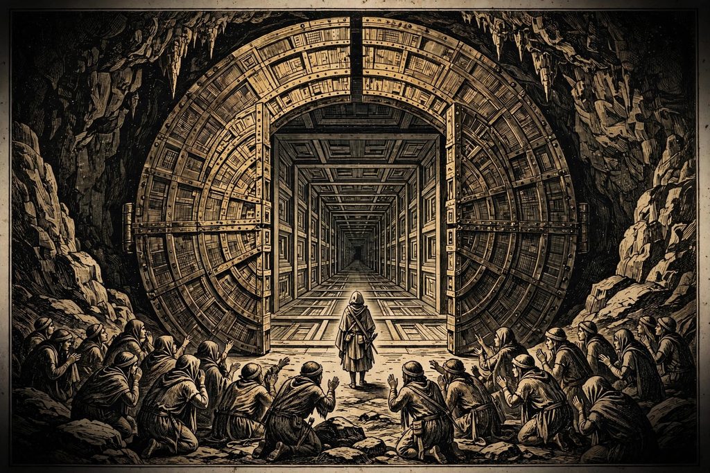 Gold engraving of a young hooded woman standing before a giant circular door as it opens onto a corridor, while a crowd of tribespeople kneels behind her.