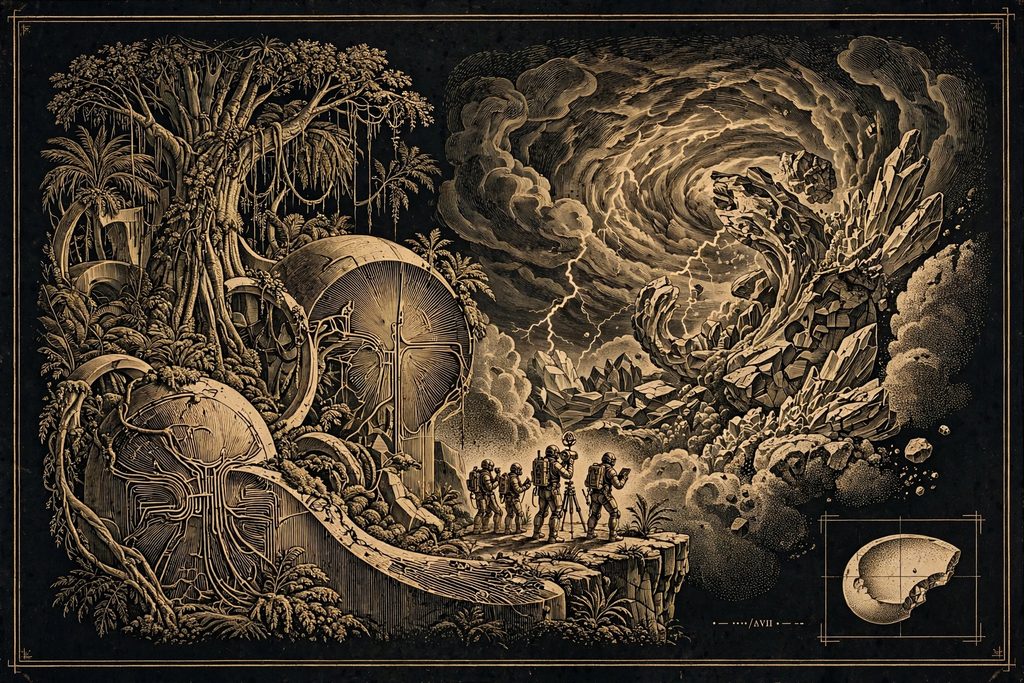 Engraved alien jungle of grown stone ruins beside a raw storm of half-formed matter, surveyed by explorers in exosuits.