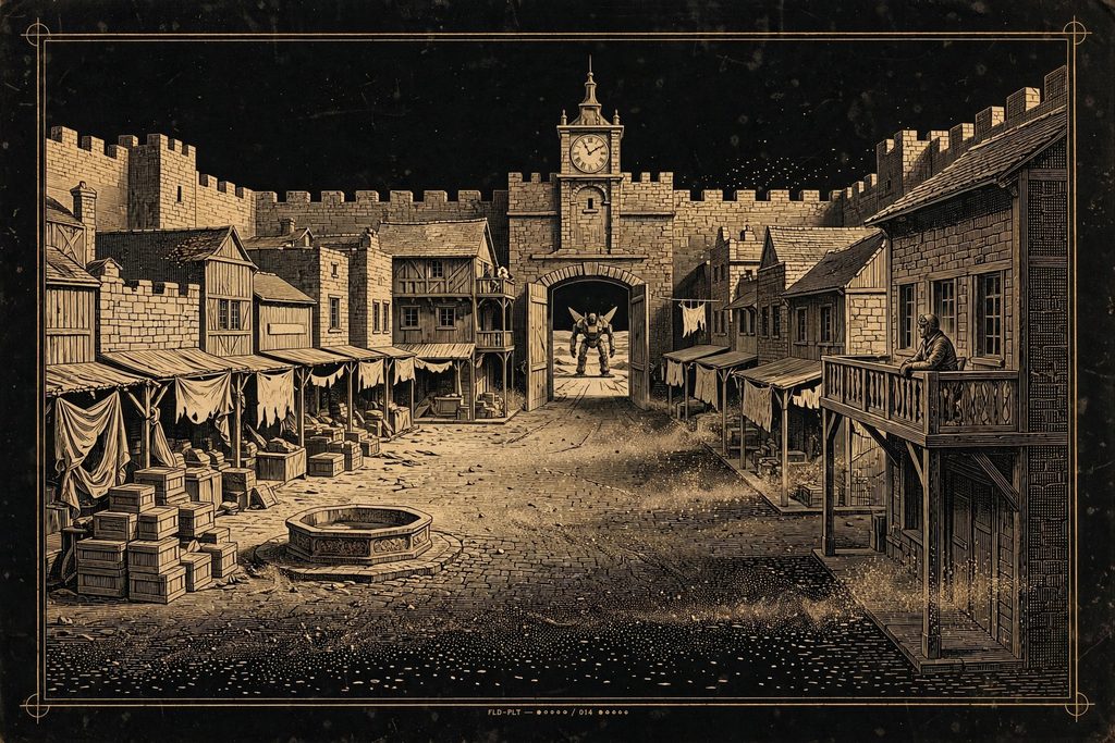 Engraved empty frontier town square with shuttered stalls and a stopped clock, watched by a lone pilot on a balcony.