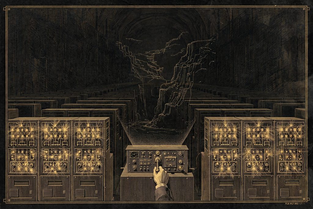 Engraved server hall going dark row by row as a suited hand pulls a great power lever, a fading landscape projected above.