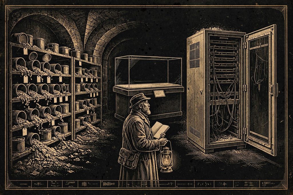 Engraved archive of decaying film reels beside a dark, dusty server cabinet and an empty display case, studied by an archivist.