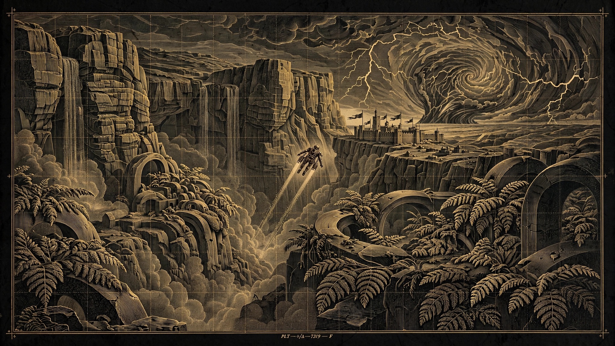 Engraved alien canyon of cliffs and waterfalls where a lone flying exosuit soars toward a distant storm, the landscape crossed by a fading grid.