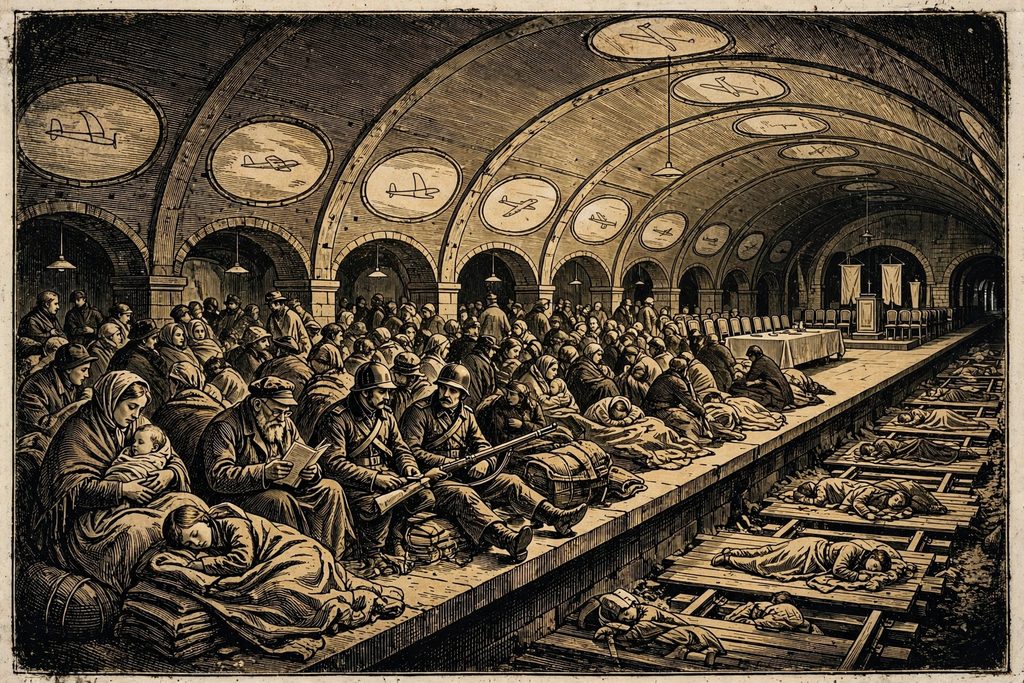 Gold engraving of families, children and soldiers sheltering overnight on a mosaic-ceilinged subway platform, with a table set for an official assembly in the distance.