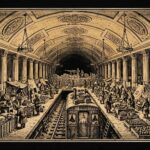 Gold engraving of an ornate vaulted subway station crowded with tents, shacks, mushroom beds and pig pens, with a sandbagged barricade guarding the tunnel at the far end.
