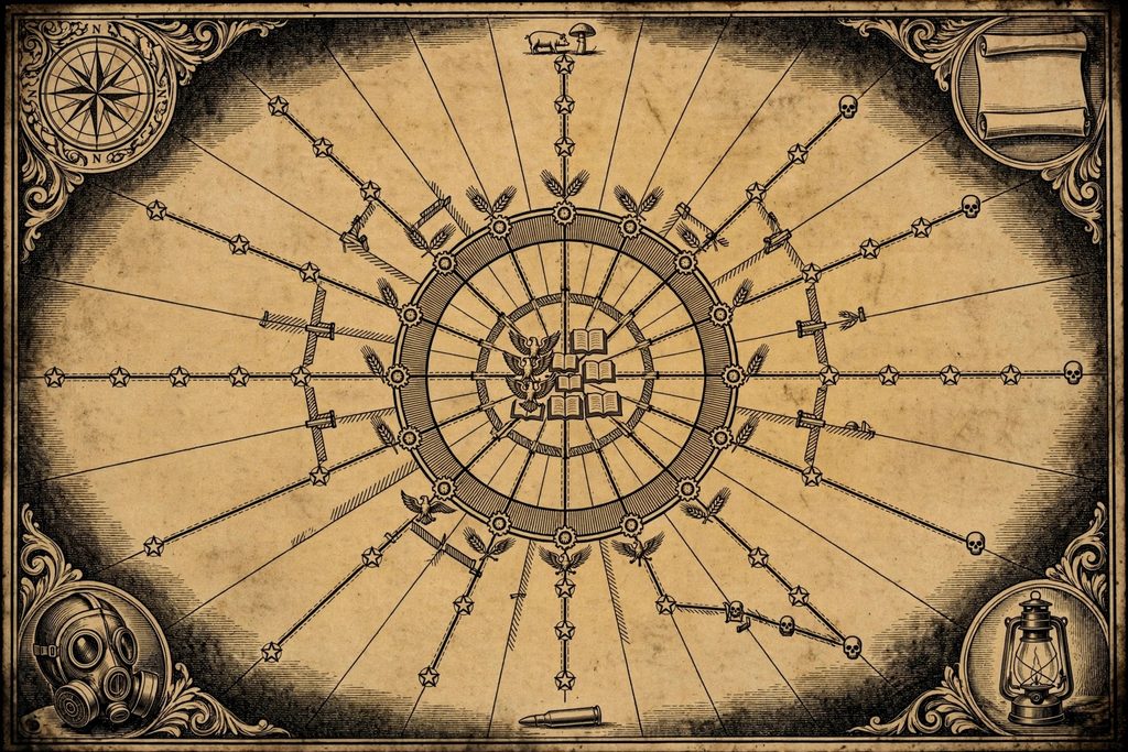 Gold engraving of a subway network drawn as a political atlas, with emblems of rival states at each station and hatched borders across the tunnels.