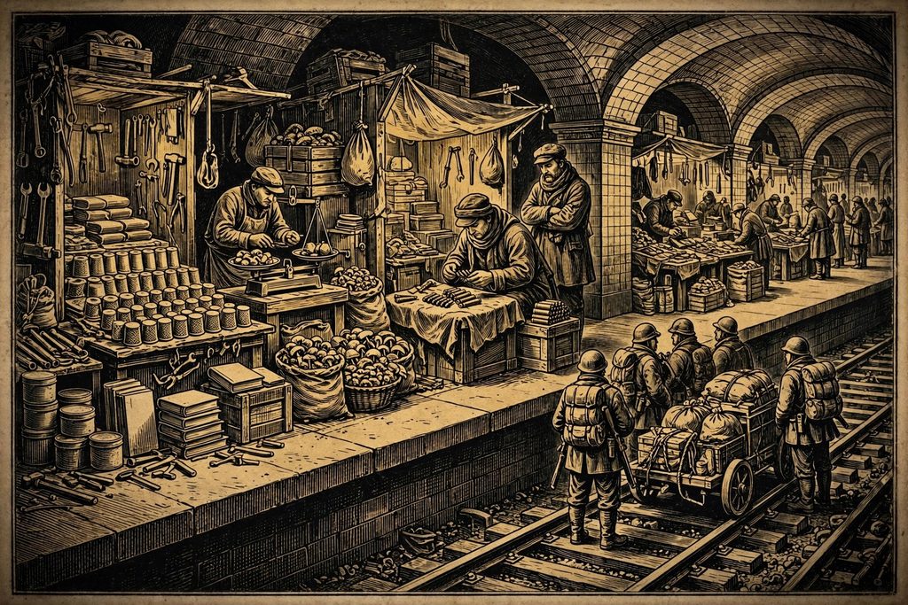 Gold engraving of an underground market on a subway platform where a buyer counts rifle cartridges onto a cloth while traders sell mushrooms, gas mask filters and salvaged goods.