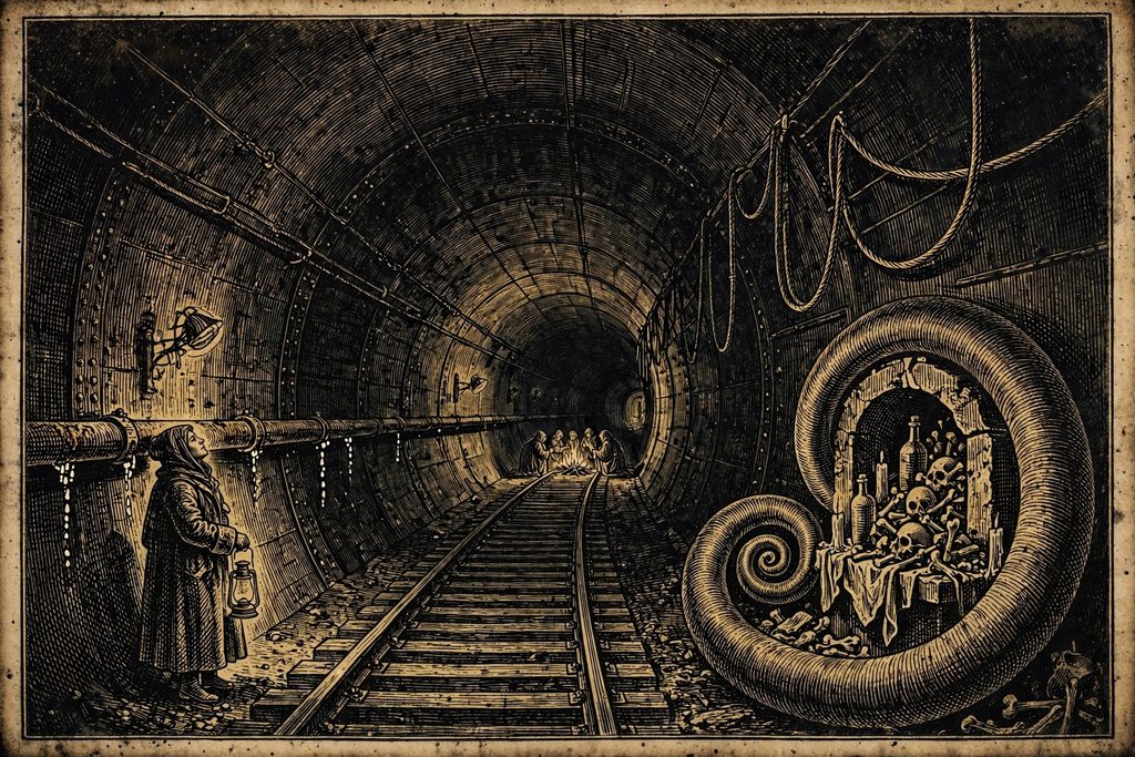 Gold engraving of a dark railway tunnel where a figure listens at a pipe beside a crude bone shrine with a painted spiral, and hooded figures kneel around a fire further in.