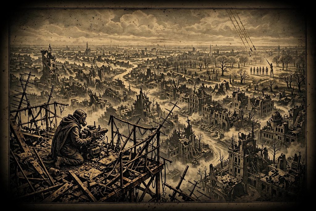 Gold engraving of a masked figure on a ruined tower above a devastated city while pale slender beings in a distant park raise a hand as missile trails fall toward them.