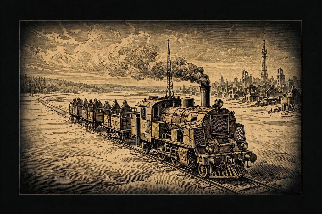 Gold engraving of a patched armored locomotive carrying people across a snowy plain away from a ruined city and its broken tower toward an open sky.