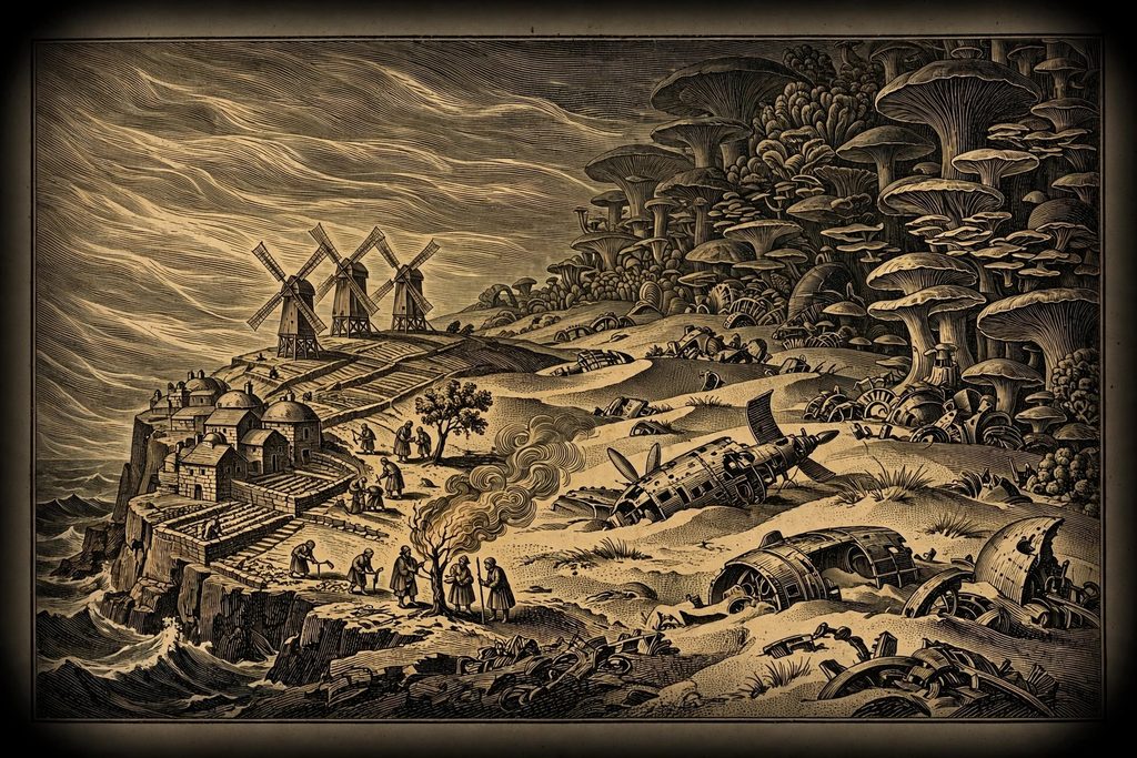 Gold engraving of a small cliffside village with tall windmills in a strong sea wind, a giant fungal forest rising on the horizon and ancient wrecks half buried in the dunes between.