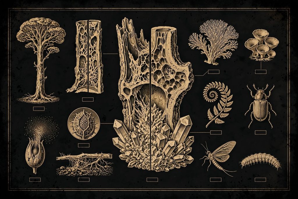 Gold engraving of a natural history specimen sheet showing fungal trees, spore pods, mycelium and small insects, with a central cutaway of a fungal trunk turning to stone.