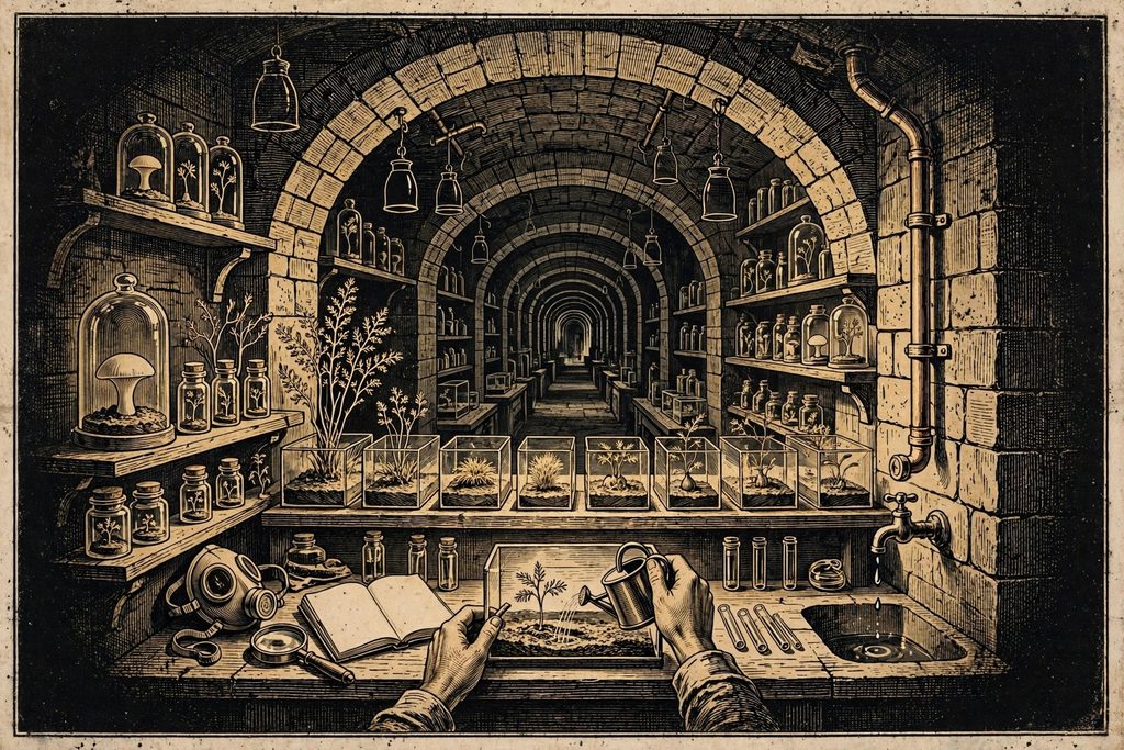 Gold engraving of a vaulted stone cellar filled with glass jars of strange fungal seedlings, a pipe dripping clean water and a pair of hands watering one plant beside a discarded mask.