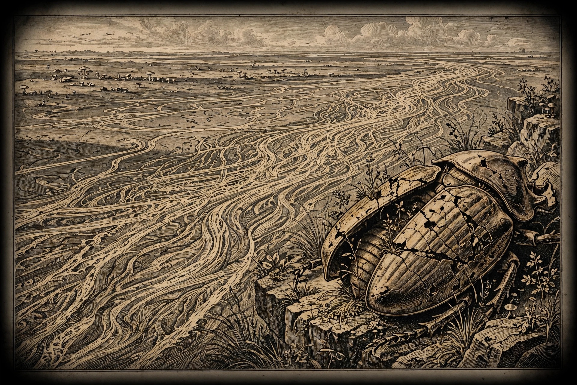 Gold engraving of a vast migration of giant armored insects crossing a plain toward a poisoned horizon, where new fungal growths rise from their bodies, with an empty insect shell on a cliff in the foreground.