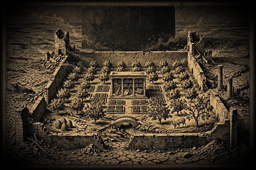 Gold engraving of a lush walled garden with fruit trees, beehives and a pavilion of musical instruments, sealed inside ruins and surrounded by a poisoned wasteland, with a vast monolith behind it.