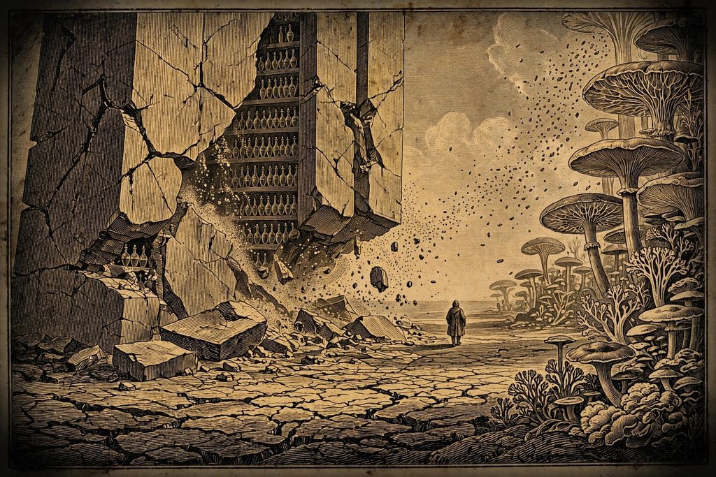 Gold engraving of a small hooded figure walking away from a vast cracking stone monument toward the edge of a giant fungal forest, without looking back.