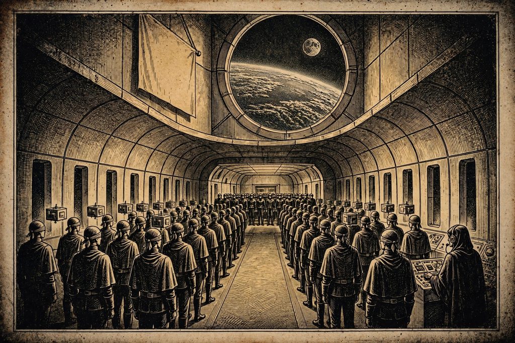 Gold engraving of rows of blindfolded android soldiers with floating companion drones standing at attention in an orbital station, the Earth and Moon visible through a round window above.