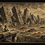 Gold engraving of a row of small round machines sitting on a broken overpass, one with a book and one with a cape, looking over an overgrown ruined city toward a distant white spiral tower.