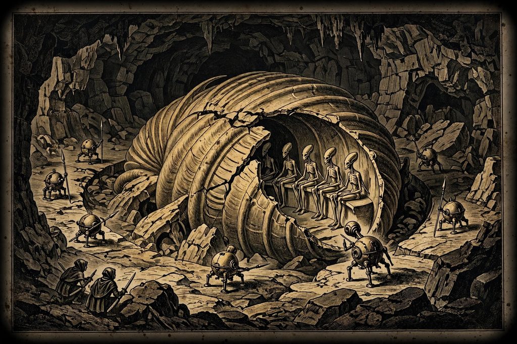 Gold engraving of round machines standing in a silent circle around a crashed alien ship whose dead, long-limbed creators lie inside, watched by two caped figures from the shadows.