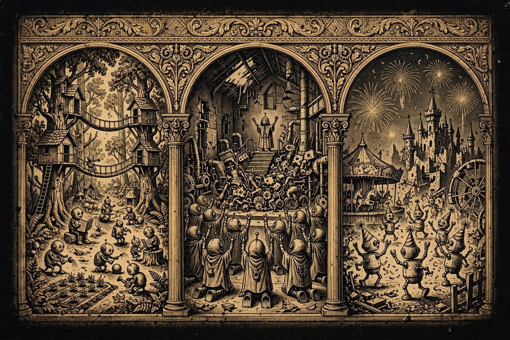 Gold engraving altarpiece in three panels showing a peaceful machine village in the trees, robed machines kneeling in a factory church, and machines celebrating in a crumbling amusement park.
