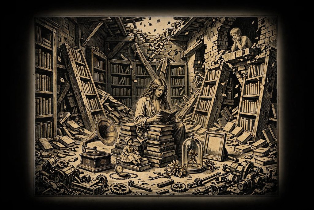 Gold engraving of a pale young man reading in a ruined library among collected human objects, while a younger figure watches him from a ledge above scattered machine parts.